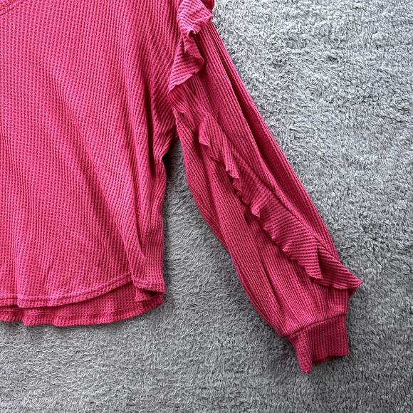 Pilcro XL Pink Waffle Knit Long Sleeve Ruffle V-Neck Shirt Frilly Girly Casual - Picture 9 of 9